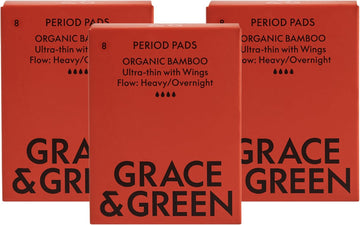 Grace & Green - Nightime Bamboo Pads - Heavy Flow - 24x Sustainable Pads - with Wings - Biodegradable Packaging - Eco-Friendly - B Corp certified