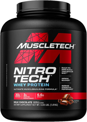 Muscletech Whey Protein Powder (Milk Chocolate, 4 Pound) - Nitro-Tech Muscle Building Formula With Whey Protein Isolate & Peptides - 30G Of Protein, 3G Of Creatine & 6.6G Of Bcaa