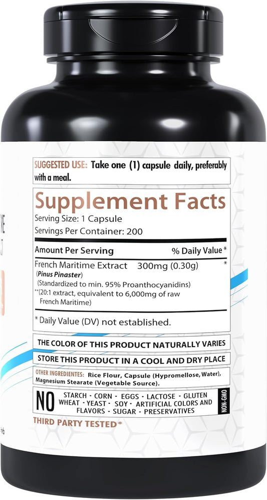 French Maritime Pine Bark Extract 6000Mg | 200 Vegan Capsules | 95% Proanthocyanidins | Non-Gmo | Gluten-Free | Made In The Usa