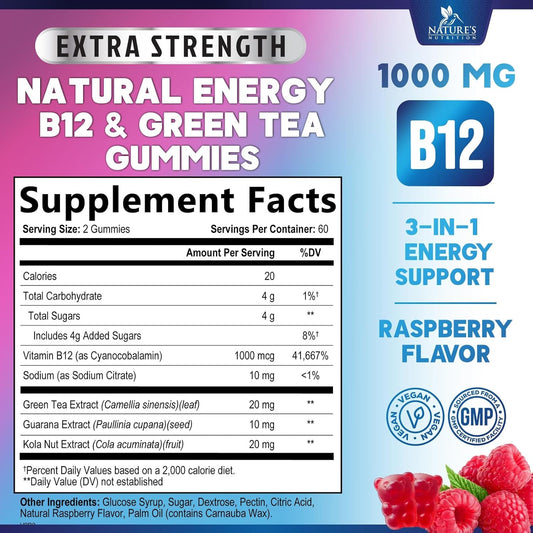 Energy Gummies Vitamin B12, Green Tea Natural Caffeine Support, Extra Strength 1000 Mcg Daily Energy Vitamins, Delicious Berry Flavor Gluten Free Chewable Supplement For Cycling & Running - 120 Chews