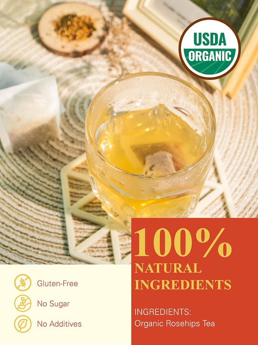 Gldnt Organic Rosehips Tea Bags, Organic Rose Hips, Fruity Flavor And Aroma, Caffeine Free, 100 Count