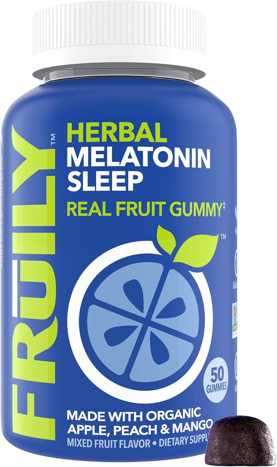 FRUILY Organic Melatonin Gummies - Sleep Aid for Kids & Adults - Healthy Restful Deep Sleep Cycles - Made with Real Fruit & L Theanine, All Natural, Non-GMO, Gluten-Free, Kosher, Vegan (50 Count)