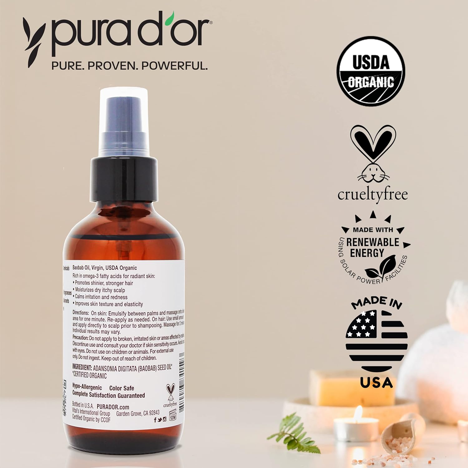 PURA D'OR Organic Baobab Oil (4oz / 118mL) 100% Pure USDA Certified Premium Grade Natural Moisturizer, Cold Pressed, Unrefined, Hexane-Free Base Carrier Oil for DIY Skin Care For Men & Women : Beauty & Personal Care