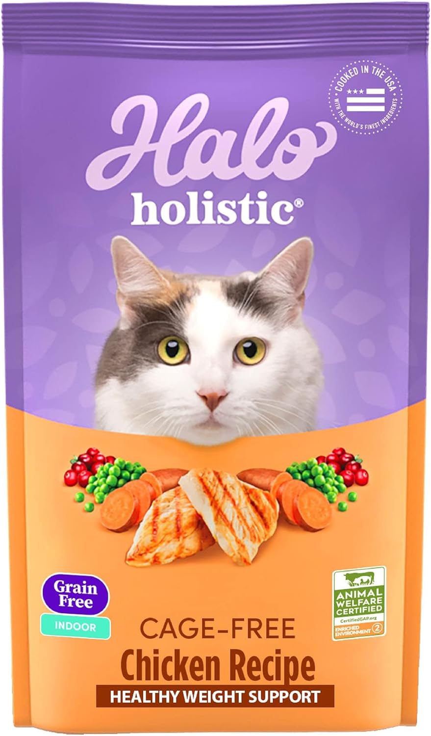 Halo Holistic Indoor Cat Food Dry, Grain Free Cage-Free Chicken Recipe For Healthy Weight Support, Complete Digestive Health, Dry Cat Food Bag, Adult Formula, 3-Lb Bag