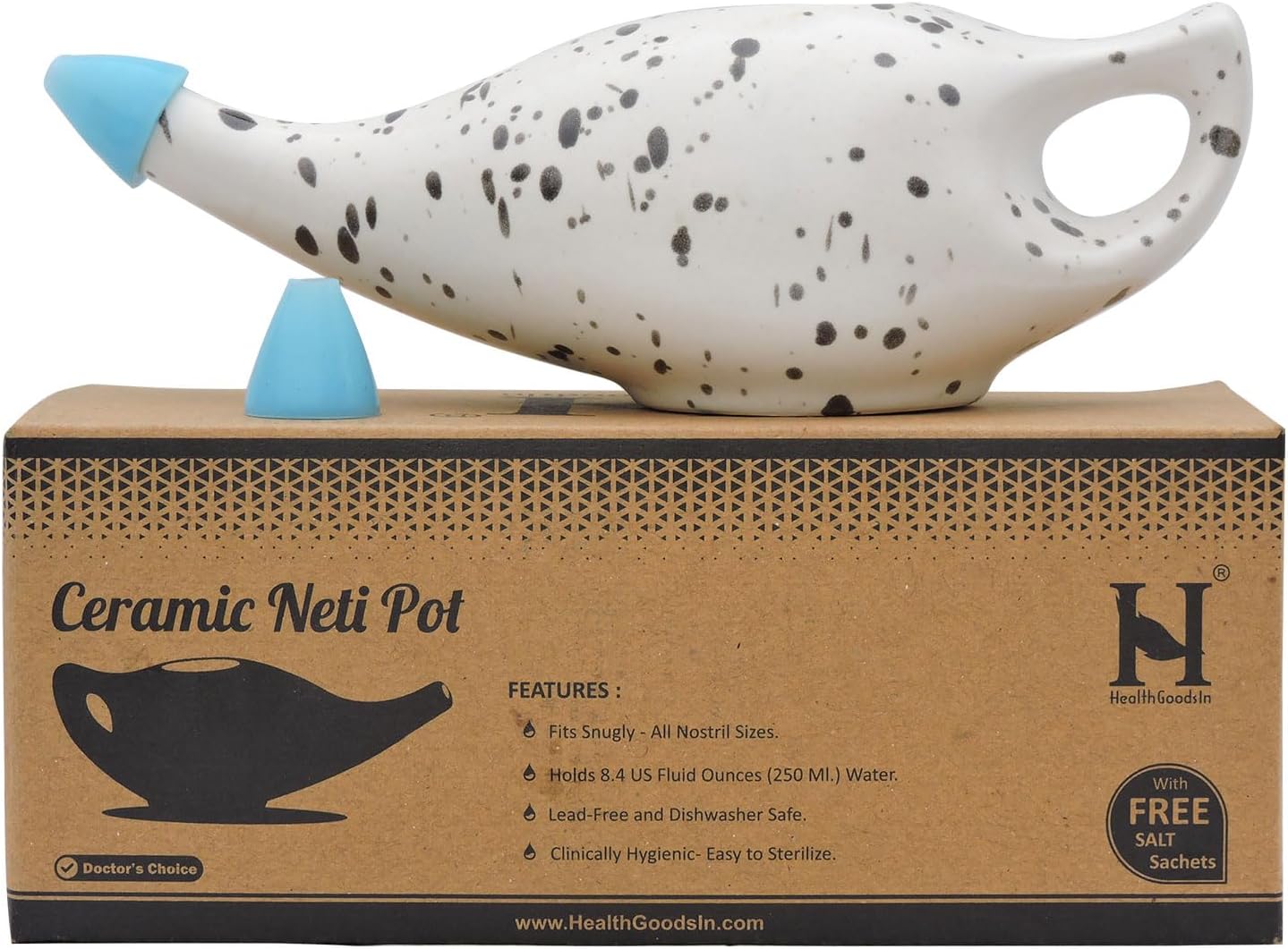 Healthgoodsin Ceramic Neti Pot, Premium Handcrafted Durable, Dishwasher Safe With 2 Silicone Nozzle Tip, 225 Ml. (7.6 Fl Oz) Capacity (Dalmatian)