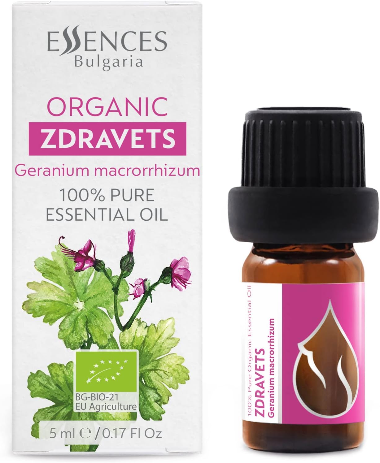 Essences Bulgaria Organic Zdravets Essential Oil 1/6 Fl Oz | 5Ml | Geranium Macrorrhizum | 100% Pure And Natural | Undiluted | Therapeutic Grade | Family Owned Farm | Steam-Distilled | Non-Gmo | Vegan