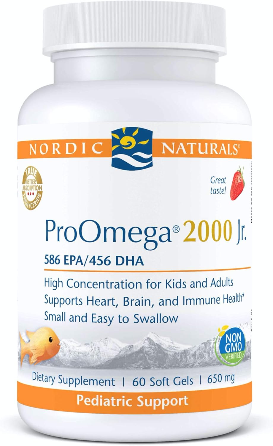 Nordic Naturals ProOmega 2000 Jr., Strawberry Flavor - 60 Soft Gels - 1120 mg Omega-3 - Ultra Potent Fish Oil - EPA & DHA - Promotes Brain, Heart, & Immune Health - Non-GMO - 30 Servings