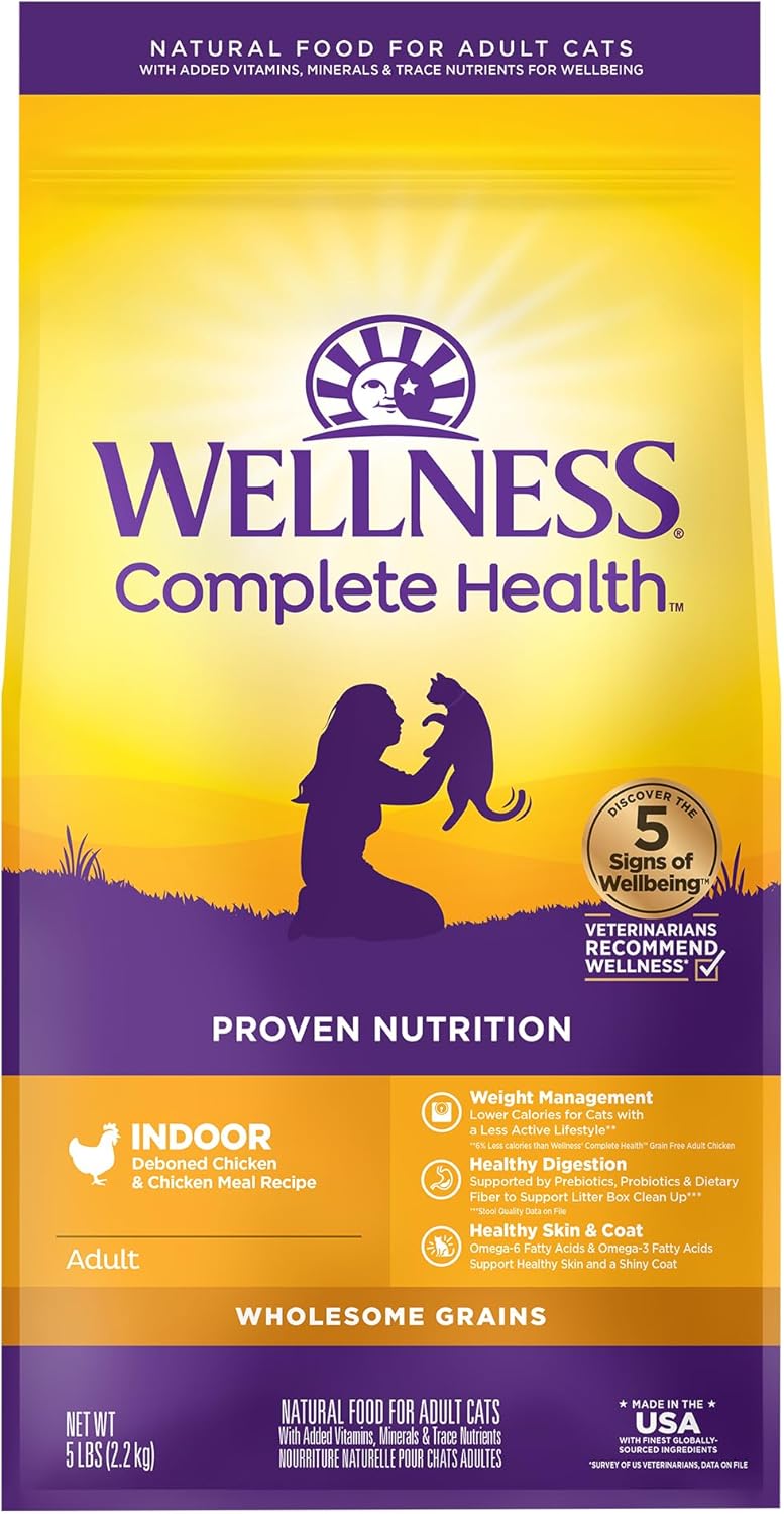 Wellness Complete Health Natural Dry Cat Food With Wholesome Grains, Made In Usa With Real Meat (Adult Cat, Indoor Chicken Recipe, 5-Pound Bag)