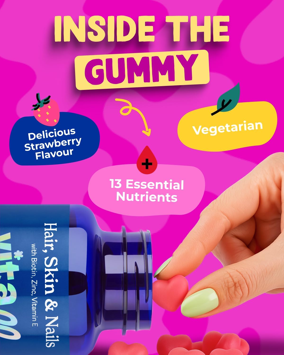 Vitawell Hair Skin & Nails Gummies | Support for Hair Growth + Skin + Nails Vitamins Chews | Complex Formula Biotin, Zinc, Selenium & Vitamin E | 60 Strawberry Flavour | Multivitamin Gummies : Amazon.co.uk: Health & Personal Care