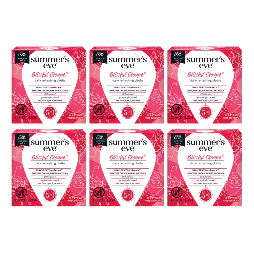 Summer'S Eve Blissful Escape Daily Refreshing Feminine Wipes, Removes Odor, Ph Balanced, 16 Count, (Pack Of 6)