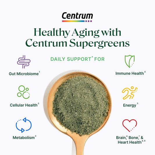Centrum Supergreens - Superfood Powder & Multivitamin For Adults – Greens Powder With Spirulina, Mushroom, Prebiotics & Enzyme Blend – 30-Day Supply