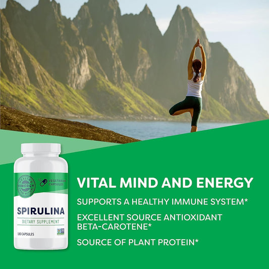 Vimergy Natural Spirulina Capsules – Super Greens Supplement – Nutrient Dense Blue-Green Algae Superfood Capsules - Usa Grown, Non-Gmo, Soy-Free, Gluten-Free, Kosher, Vegan & Paleo Friendly (180 Ct)