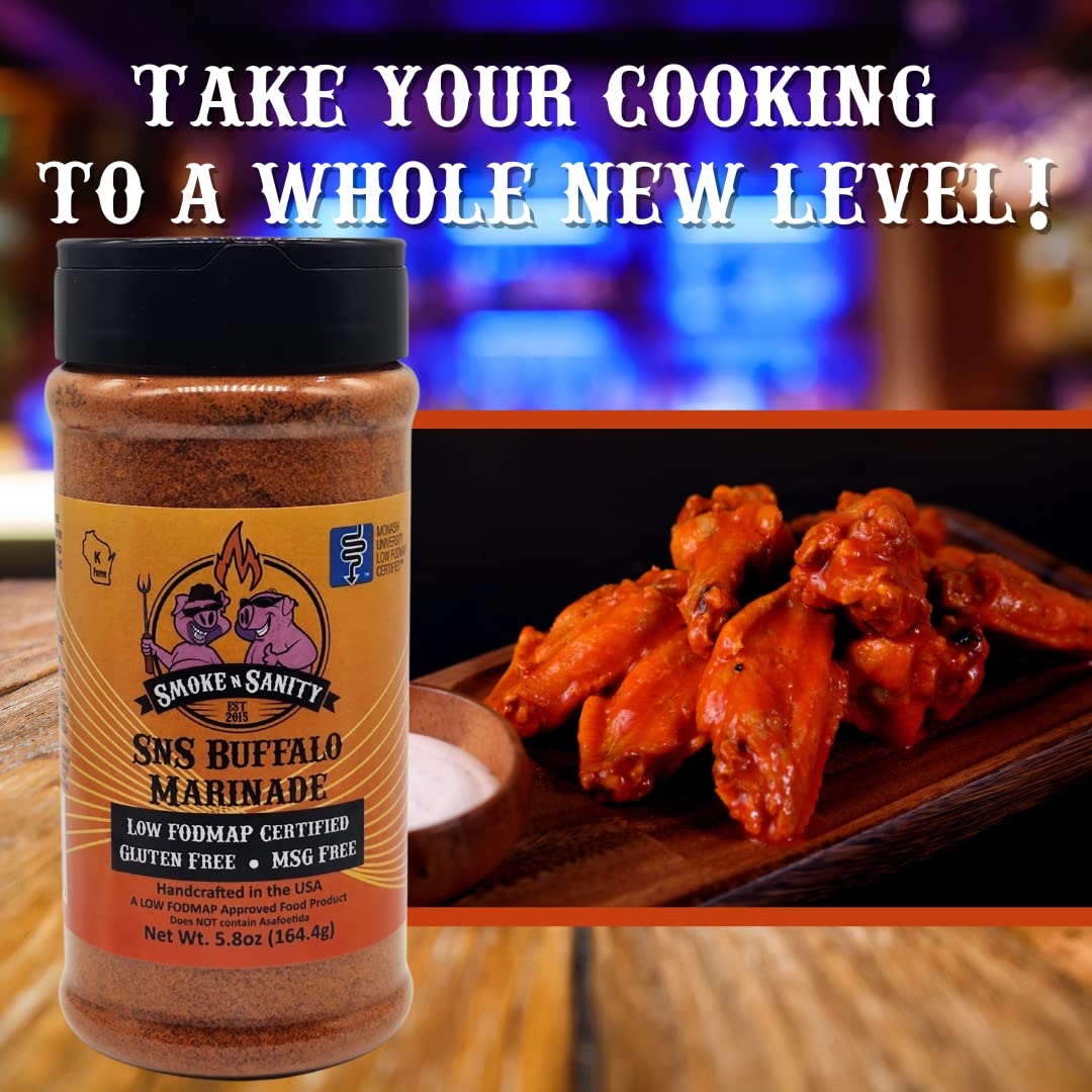 Smoke N Sanity - Sns Buffalo Marinade, Monash Certified Low Fodmap, Gluten Free, Certified Kosher, Dairy Free, Low Fodmap Food, Vegetarian (5.8 Oz Shaker) : Grocery & Gourmet Food