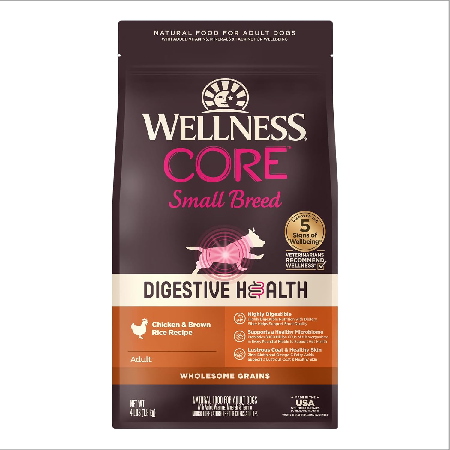 Wellness Core Digestive Health Dry Dog Food With Wholesome Grains, Highly Digestible, For Dogs With Sensitive Stomachs, Made In Usa With Real Protein (Small Breed, Chicken & Brown Rice, 4-Pound Bag)