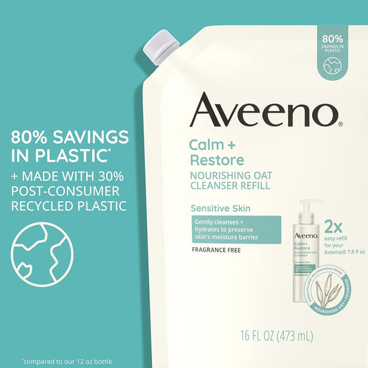 Aveeno Calm + Restore Nourishing Oat Facial Cleanser For Sensitive Skin, Gentle Face Wash With Nourishing Oat & Calming Feverfew, Hypoallergenic, Fragrance-Free, Refill Pouch, 16 Fl. Oz