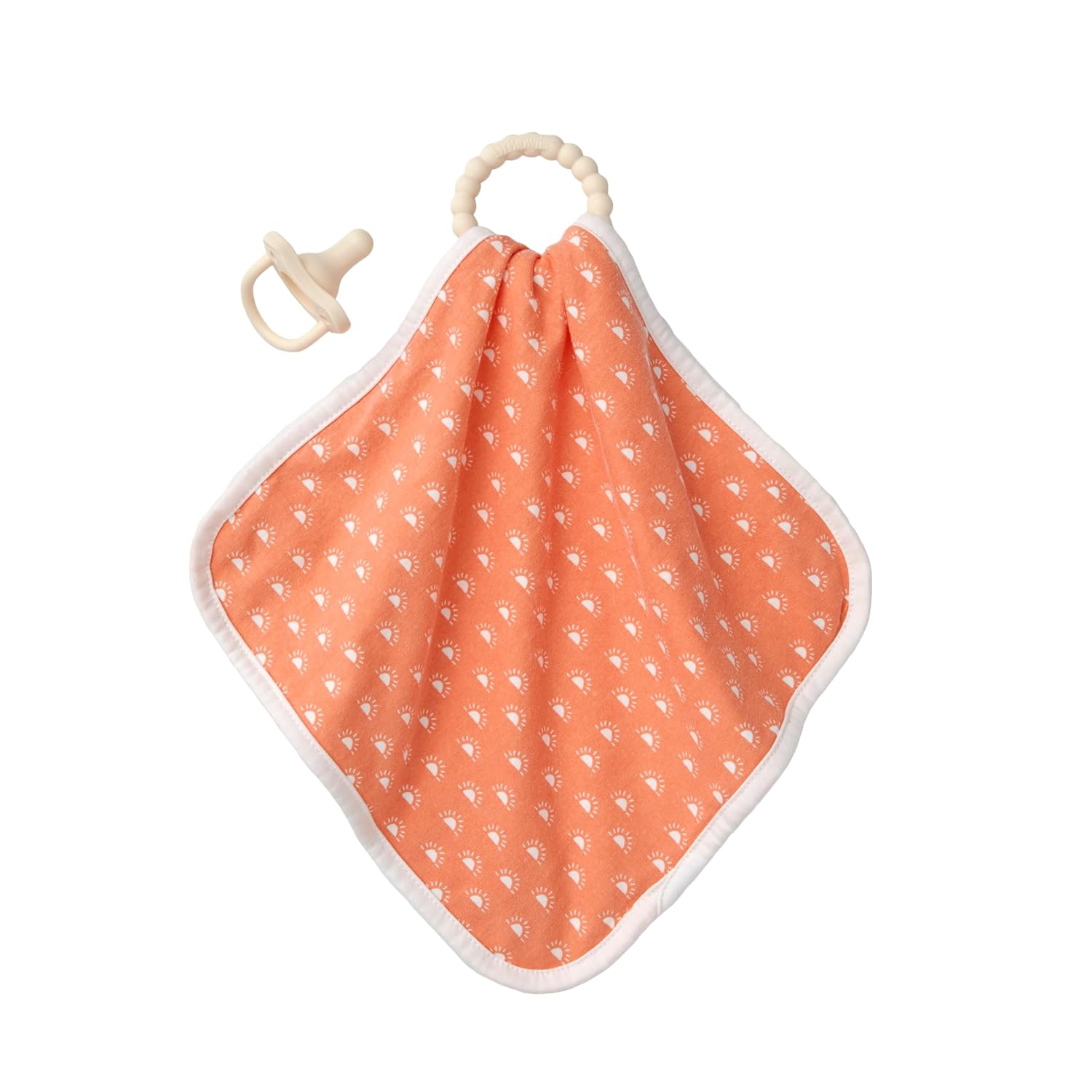 Dr. Brown'S Lovey Blanket With Beaded Teether Ring And Happypaci 100% Silicone One-Piece Pacifier, Soothing Security Blanket Set For Baby, Peach Suns, 0M+