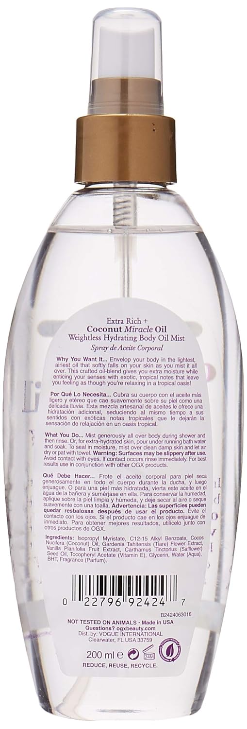 Ogx Extra Rich + Coconut Miracle Oil Weightless Hydrating Body Oil Mist, Fast-Absorb Oil Body Spray For Soft Moisturized Skin, Paraben-Free, Silicone-Free, Sulfated-Surfactant Free, 6.8 Oz