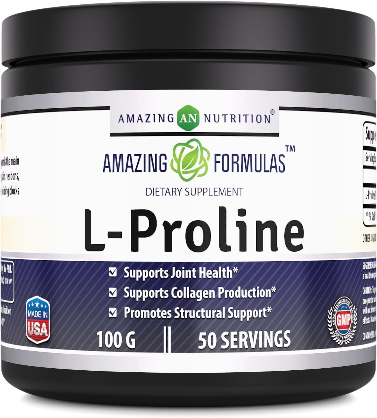 Amazing Formulas L Proline Powder Dietary Supplement - 100 Grams jar ? 2000mg per Serving (Approx. 50 Servings per Container) - Promotes Healthy Joints, Bones