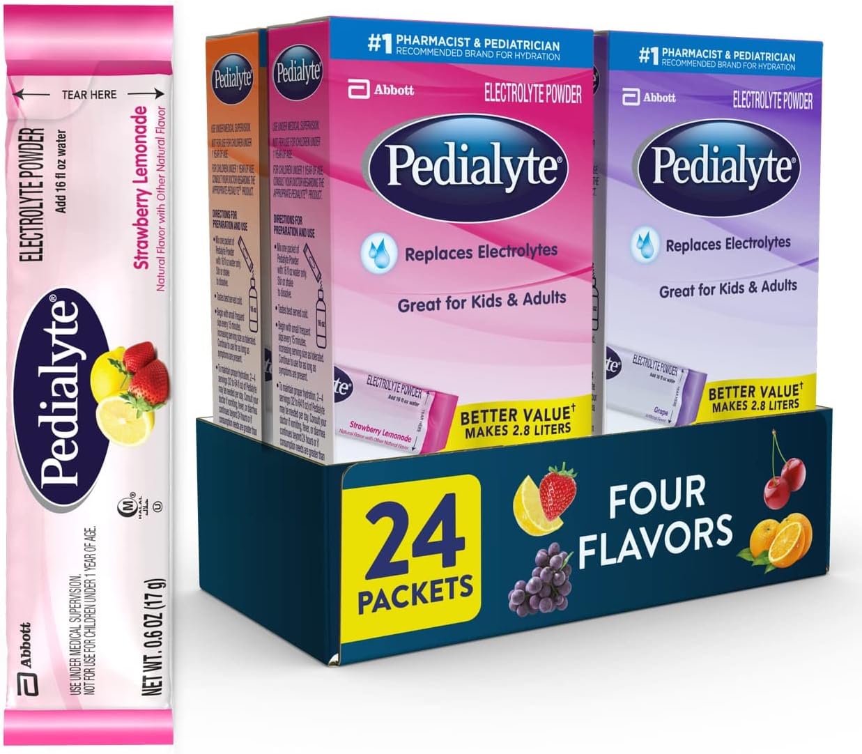 Pedialyte Electrolyte Powder Packets, Variety Pack, Hydration Drink, 24 Single-Serving Powder Packets