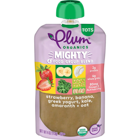 Plum Organics Mighty 4 Organic Toddler Food - Strawberry, Banana, Greek Yogurt, Kale, Amaranth, and Oat - 4 oz Pouch (Pack of 4) - Organic Fruit and Vegetable Toddler Food Pouch