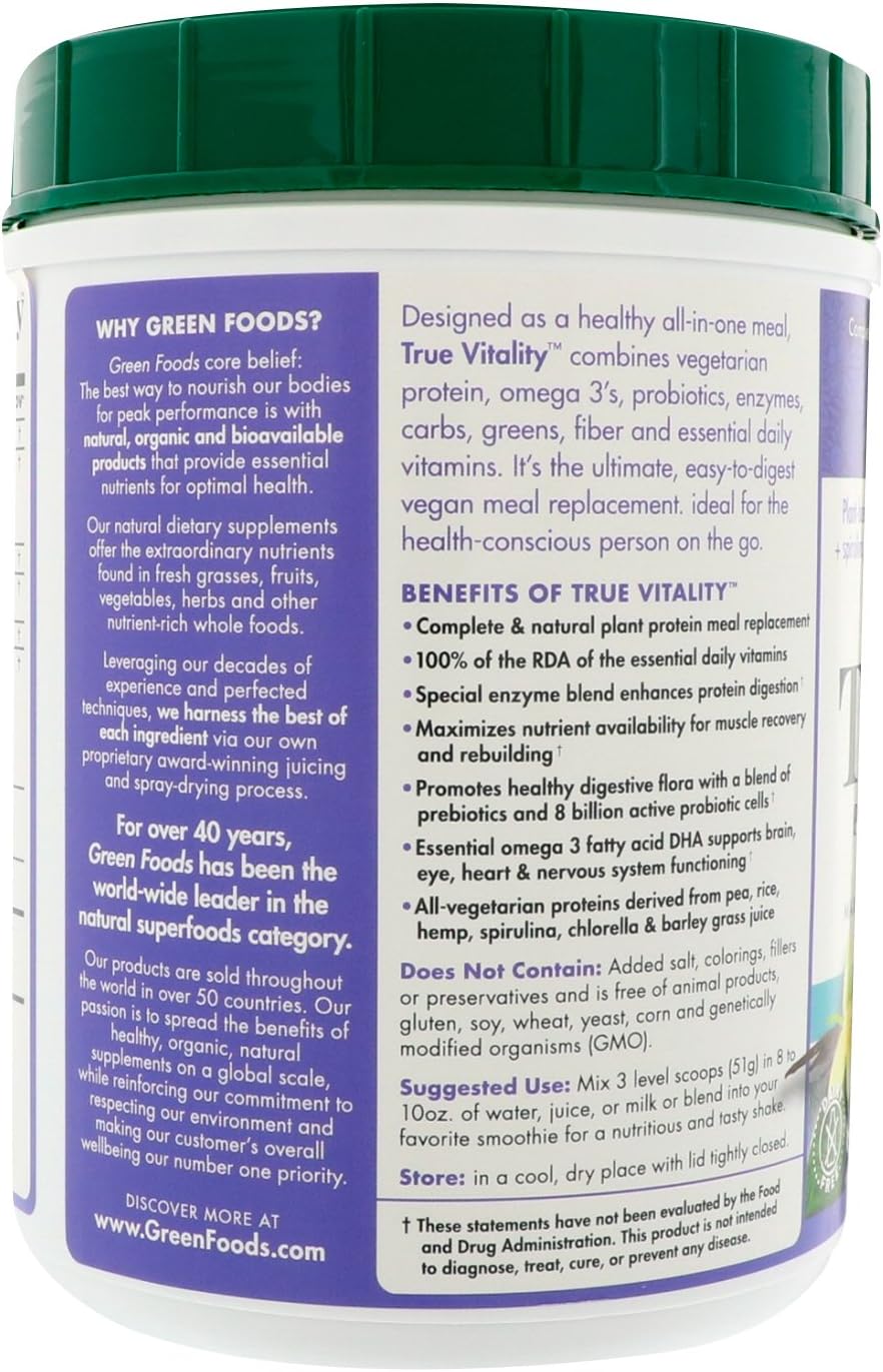 Green Foods True Vitality Plant Protein Shake, Vanilla, 25.2 Ounce : Health & Household