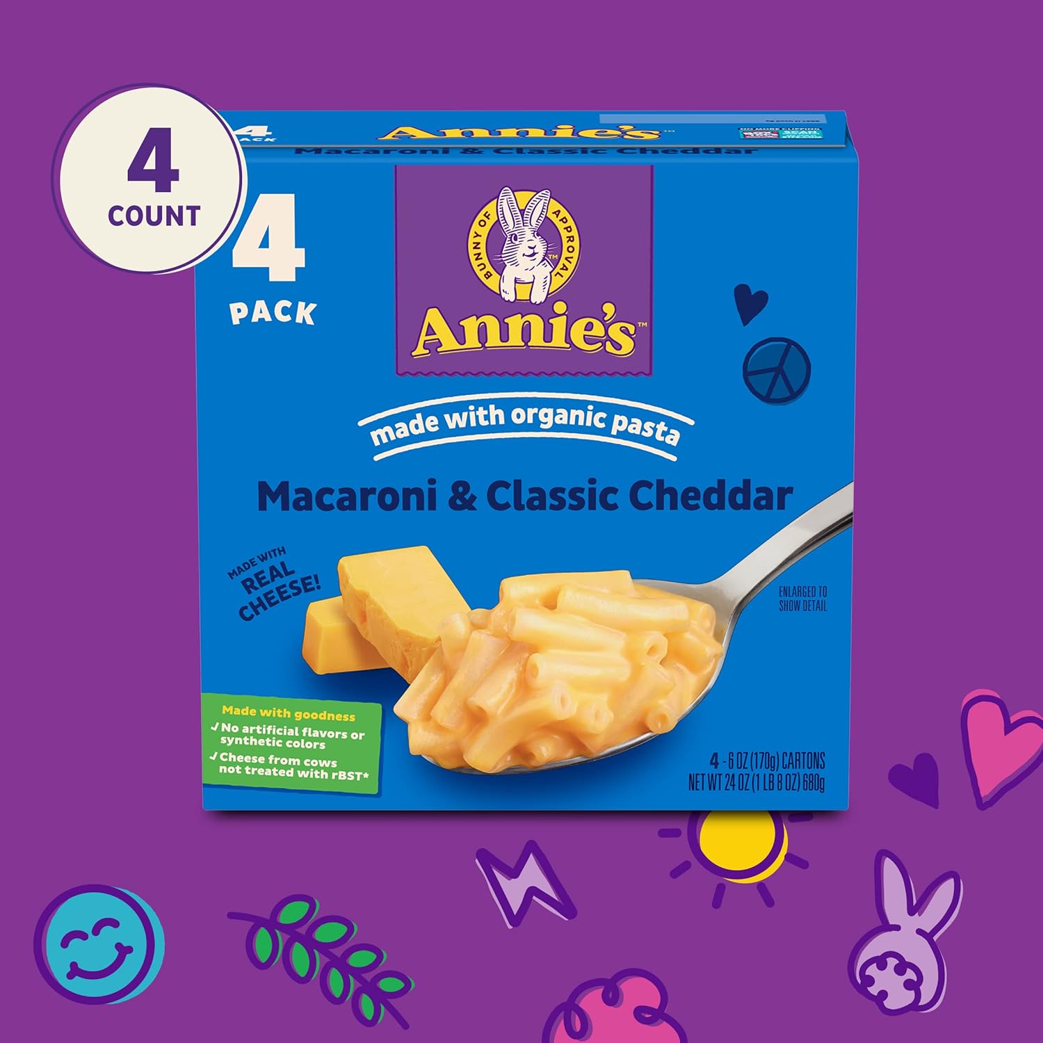 Annie'S Macaroni And Cheese Dinner, Classic Mild Cheddar, 4Ct, 24 Oz