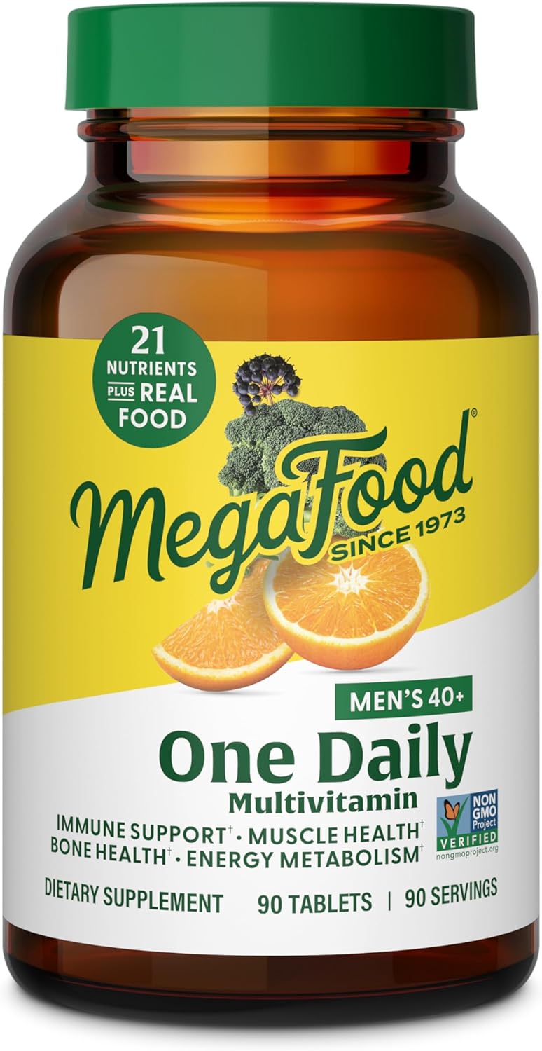 MegaFood Men's 40+ One Daily Multivitamin for Men With Vitamin B, Vitamin D3, Selenium, Zinc & Real Food - Immune Support, Energy Metabolism, and Muscle & Bone Health – Non GMO; Vegetarian - 90 Tabs