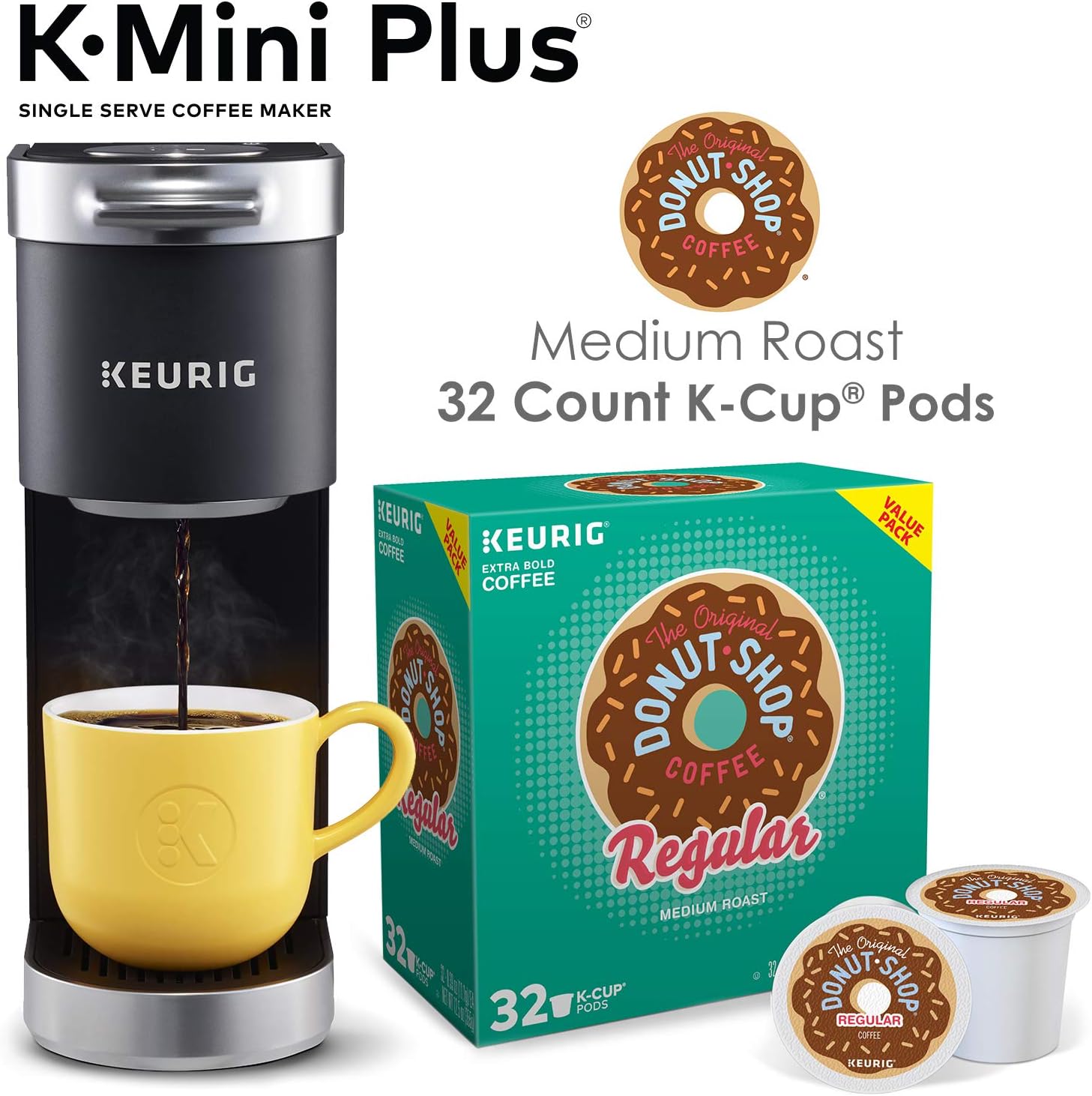 Keurig K-Mini Plus Single Serve Coffee Maker With Donut Shop Coffee Pods, 32 Count