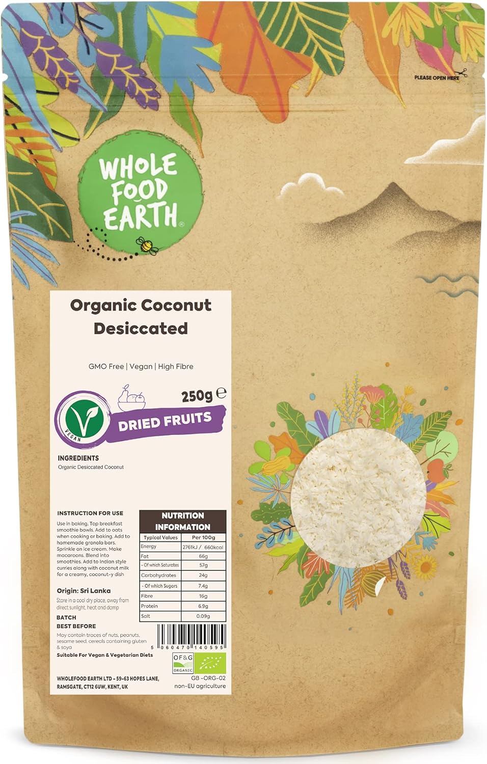 Wholefood Earth Organic Coconut Desiccated – 250G | Gmo Free | Vegan | High Fibre | Certified Organic
