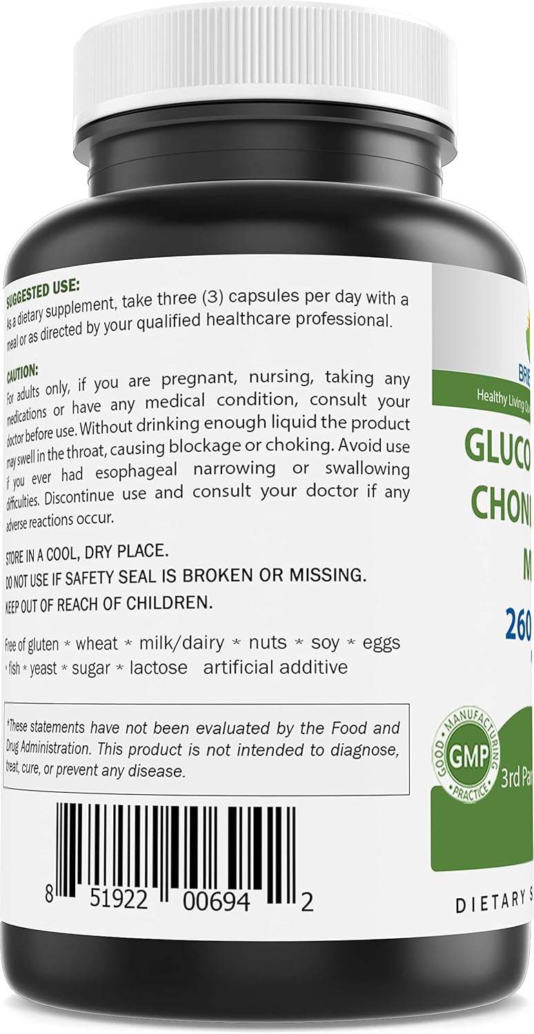 Brieofood Triple Strength Glucosamine Chondroitin Msm 2600Mg/Serving Capsules, Supports Healthy Joint, Cartilage And Connective Tissue - Promotes Joint Comfort & Flexibility 180 Count