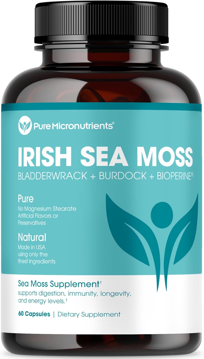 Pure Micronutrients Irish Sea Moss Capsules - Organic Irish Seamoss Pills With Bladderwrack, Burdock & Black Pepper For Energy, Immunity, Thyroid, Digestion, Heart And Bone Health