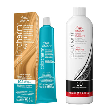 Wella Colorcharm Demi Permanent Hair Color, Adds Gloss & Color Richness, Gray Coverage, 10A Lightest Ash Blonde + 10 Vol. Developer