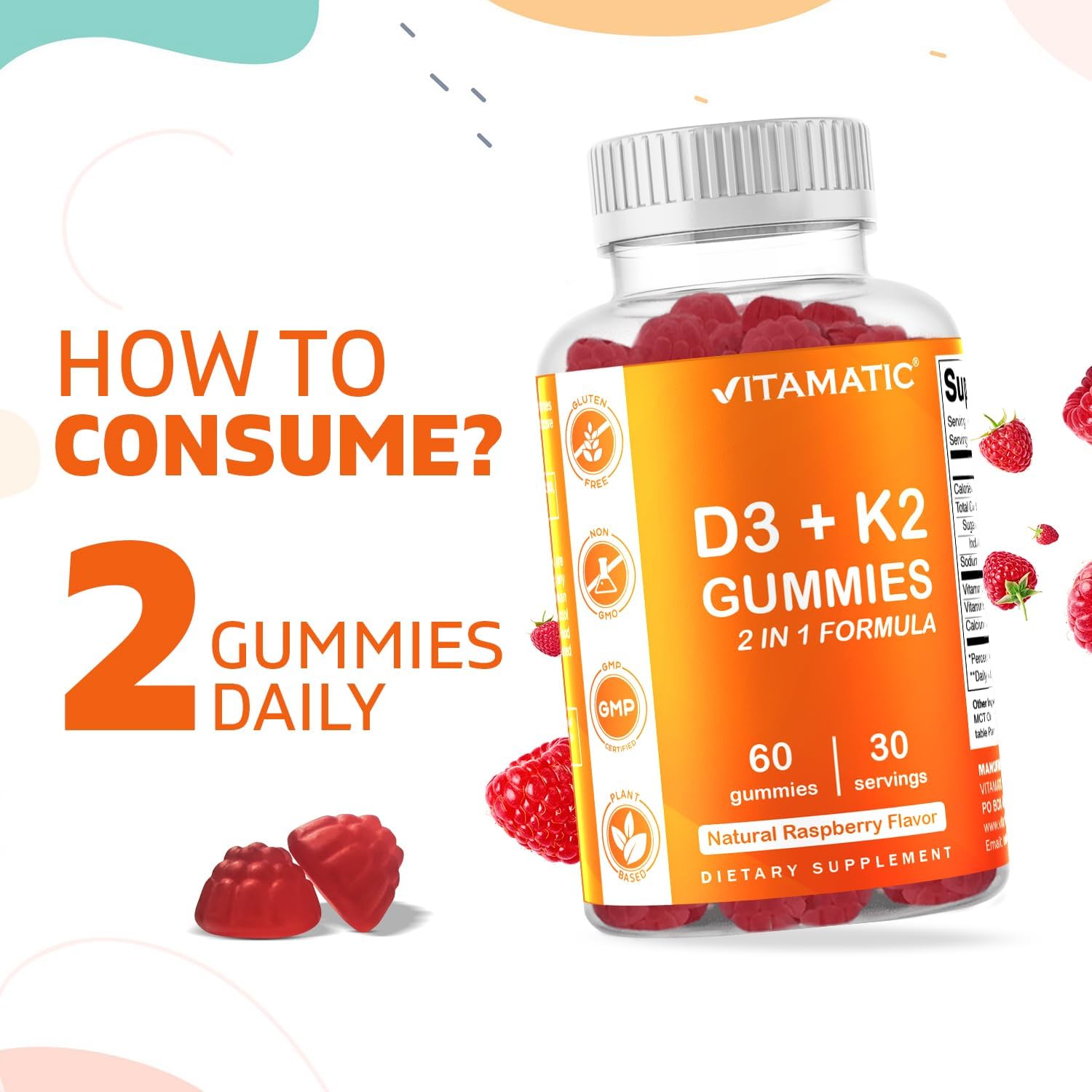 Vitamatic 2 Pack Vitamin D3 K2 Gummies - 60 Count - Supports Healthy Bone, Heart & Calcium Absorption, & Immune Health - Plant Based, Non-GMO, Gluten Free : Health & Household