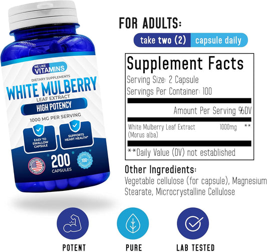 We Like Vitamins White Mulberry 1000Mg – 200 Capsules – White Mulberry Supplement