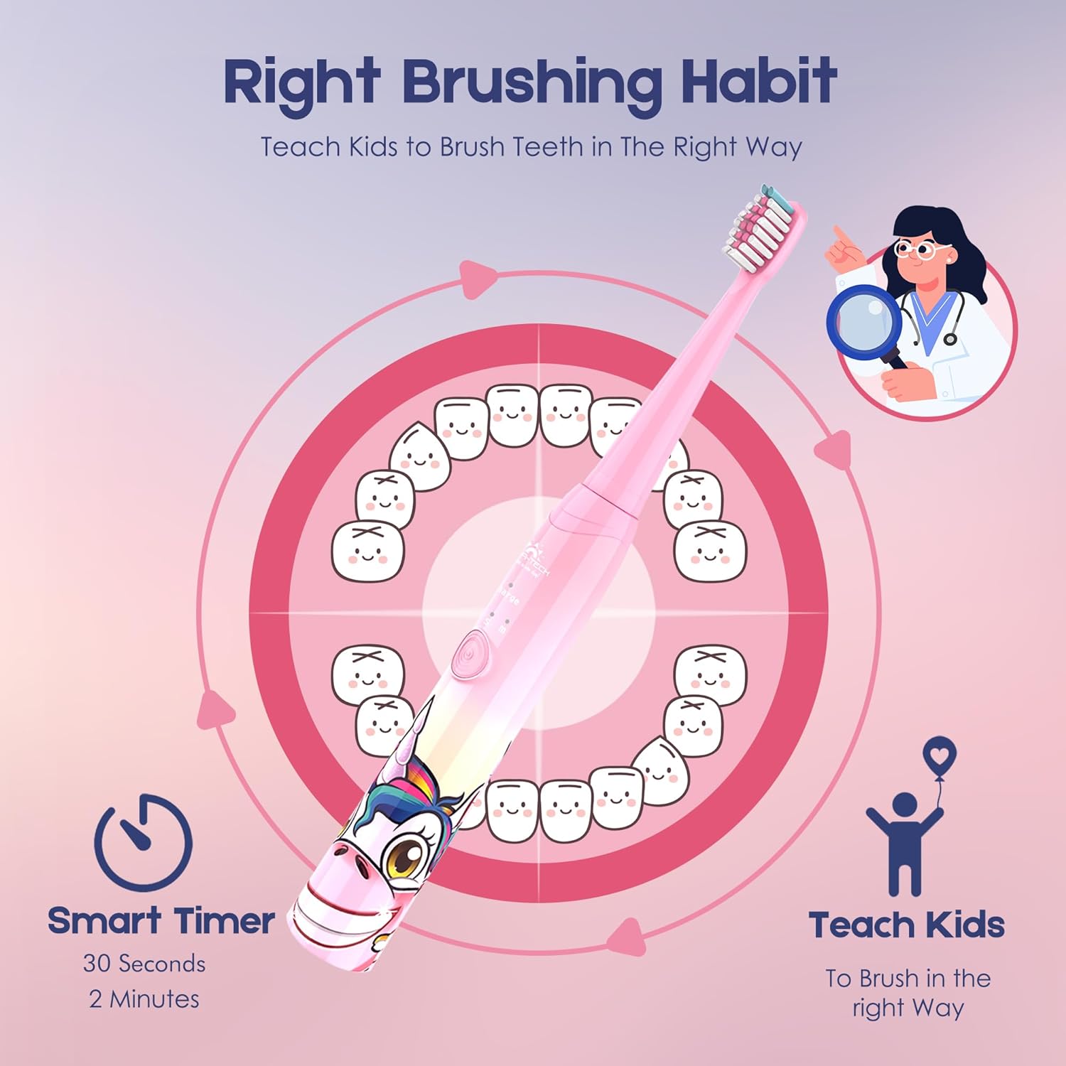 DADA-TECH Kids Electric Toothbrush Rechargeable, Soft Unicorn Tooth Brush with Timer Powered by Sonic Technology for Children Boys and Girls Age 3+, Waterproof and 3 Modes (Matte Pink Li) : Health & Household