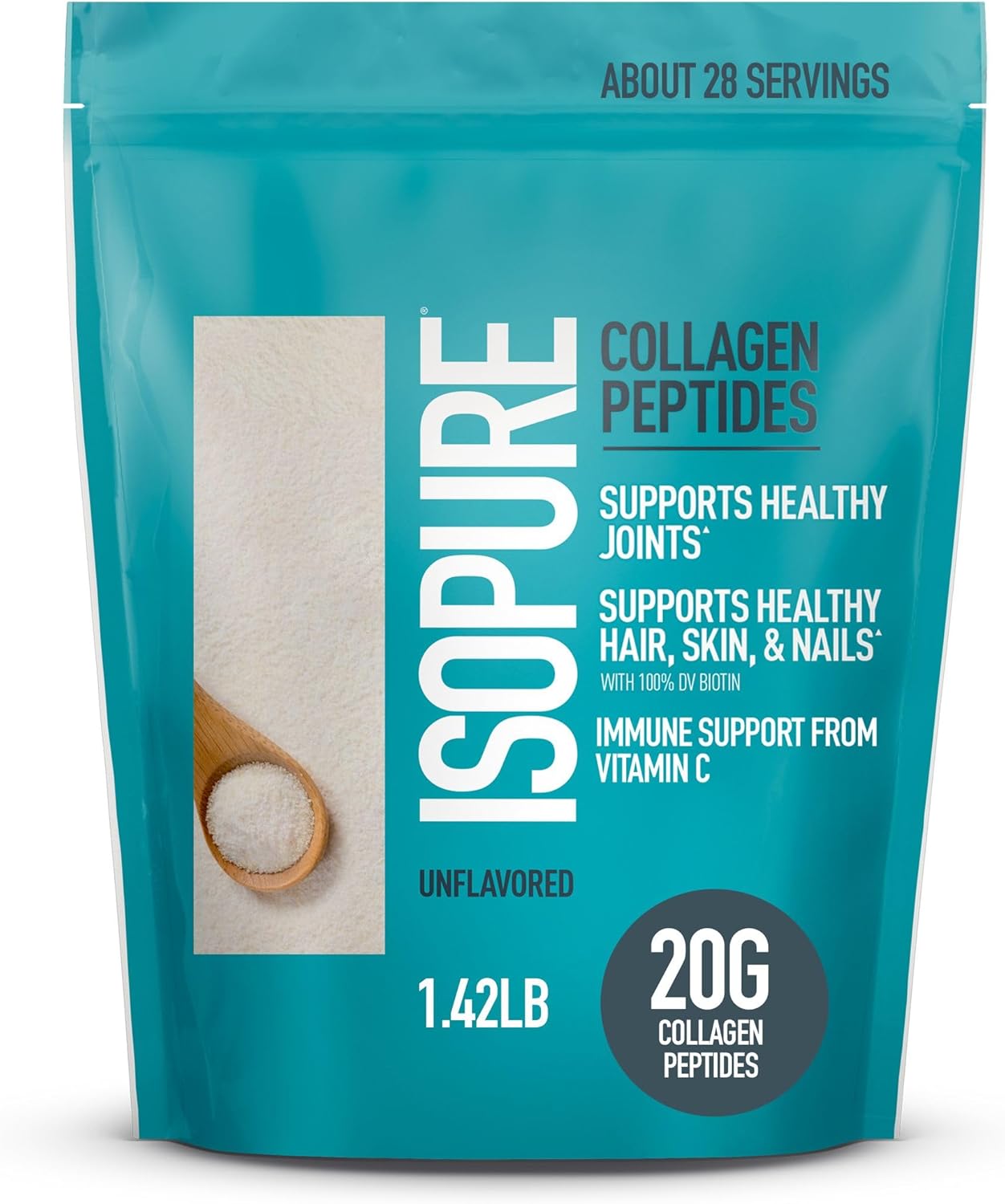 Isopure Collagen Peptides Powder, Lactose Free, Gluten Free, With Vitamin C, Unflavored, 20G Collagen Peptides Per Serving, 1.42 Lb, 28 Servings