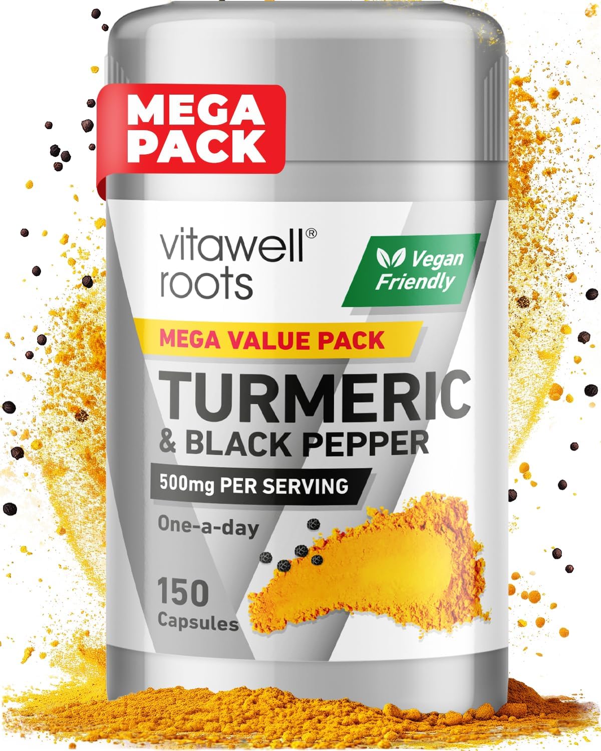 Vitawell Turmeric & Black Pepper | 150 Capsules | 500Mg Turmeric (Curcuma Longa) With Black Pepper | 1 A Day Adult Vitamin | 5 Month Supply | By Vitawell
