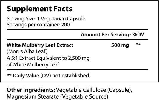 White Mulberry Leaf Extract 2,500Mg 200 Vegetarian Capsules | Pure Natural Herbal Vitamin Powder Supplement