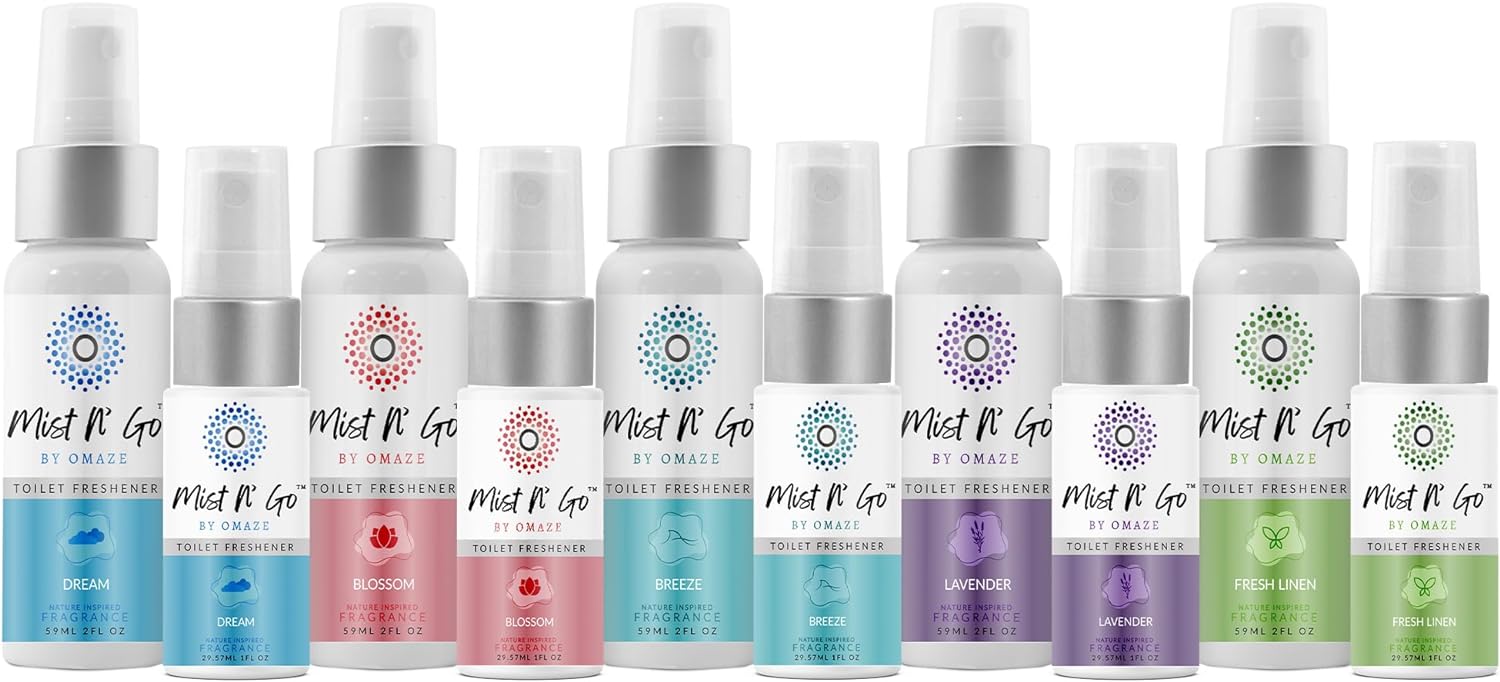 Mist N' Go by OMAZE Travel Bathroom Spray for Poop Spray Odor Eliminator, Travel Toilet Spray for Poop Air Freshener Spray for Bathroom Deodorizer | Mix - All, Family Pack (2oz x5 + 1oz x5)