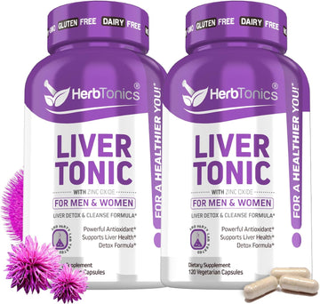 Herbtonics Liver Cleanse Detox & Repair Formula - 20+ Herbs: Milk Thistle, Artichoke Extract, Silymarin & Dandelion - Supports Liver Health & Function - 240 Vegan Capsules