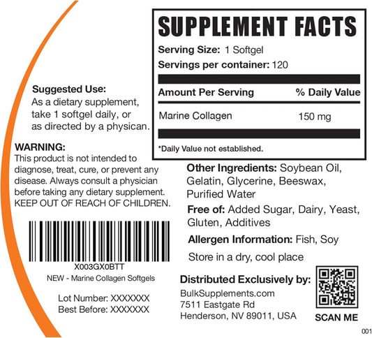 BulkSupplements.com Marine Collagen Softgels - Collagen Supplement, Fish Collagen Pills, Marine Collagen Peptides Pills - Gluten Free, 1 Softgel per Serving (150mg), 120 Softgels