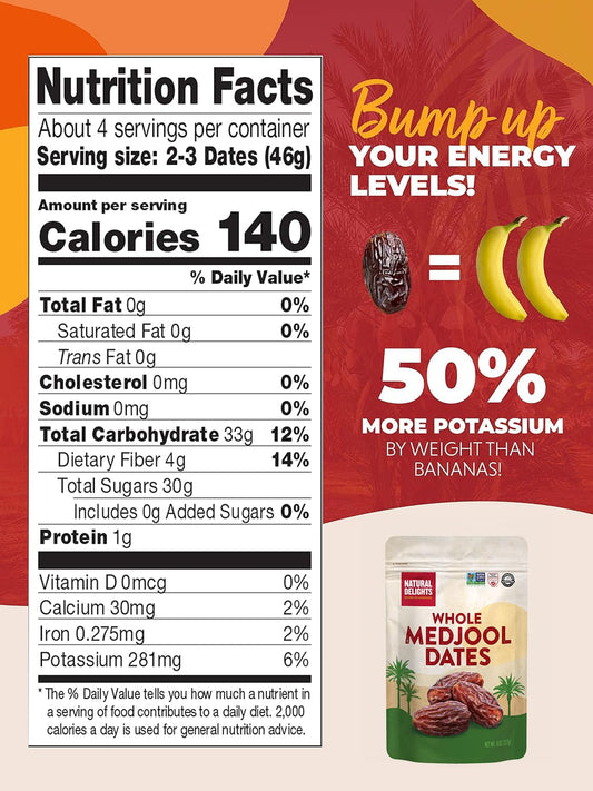 Natural Delights Medjool Dates – Large & Plump, Whole Non-Gmo Verified, Good Source Of Fiber, Naturally Sweet Fruit Snack, Perfect For On-The-Go - Medjool Dates Whole, 12 Oz Container
