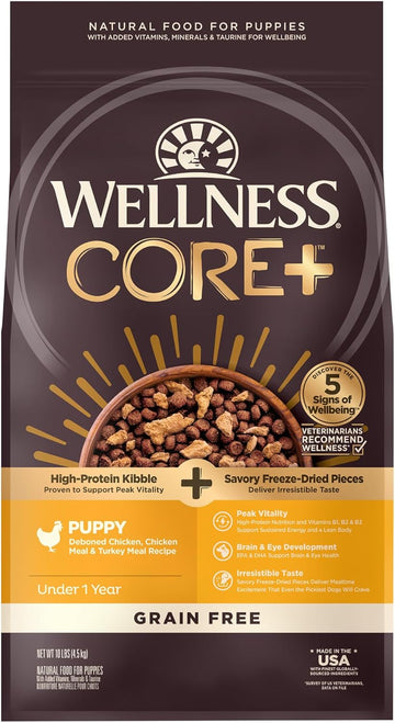 Wellness Core+ (Formerly Rawrev) Grain Free Natural Dry Puppy Food, Puppy Deboned Chicken & Turkey With Freeze Dried Turkey Recipe, 10-Pound Bag