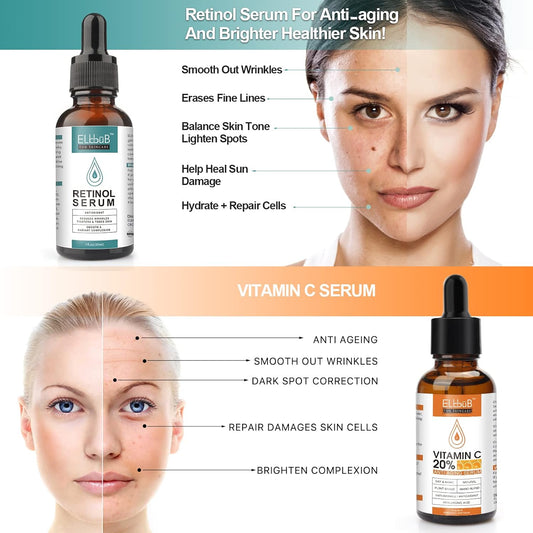 Day-Night Anti Aging Vitamin C Serum Retinol Serum For Face With Retinol & Amino Acids - Boost Skin Collagen,Hydrate & Plump Skin Facial Serum