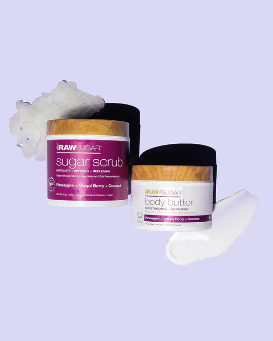 Raw Sugar Pineapple + Coconut + Maqui Berry Body Love Bundle - Body Wash, Body Scrub, Body Butter & Lip Balm, Clean, Made With Plant-Derived Ingredients, Formulated Without Sulfates And Parabens