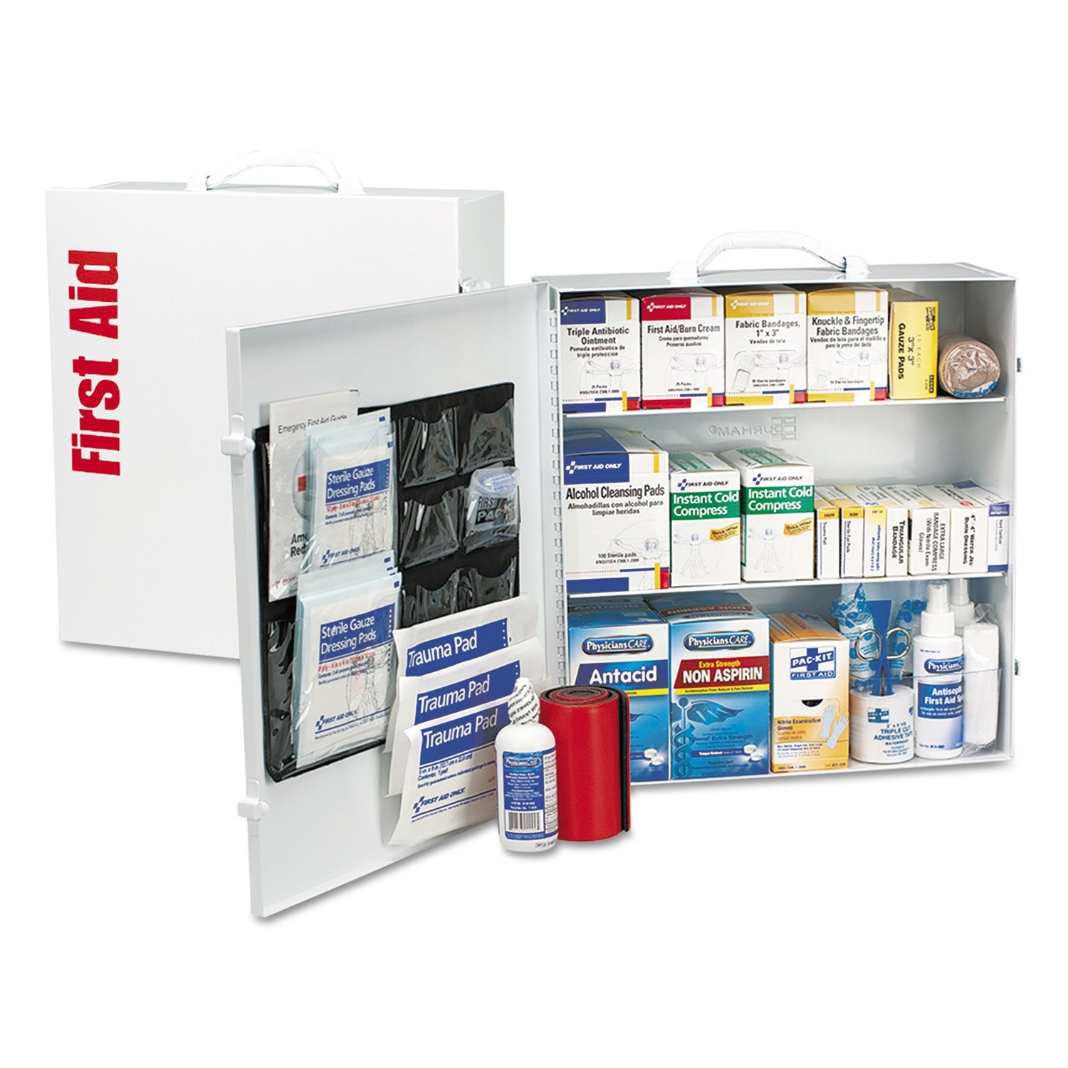 First Aid Only 90575 3-Shelf First Aid Kit For Businesses, Ansi B+ Compliant Metal First Aid Cabinet With Medications, 675 Pieces White