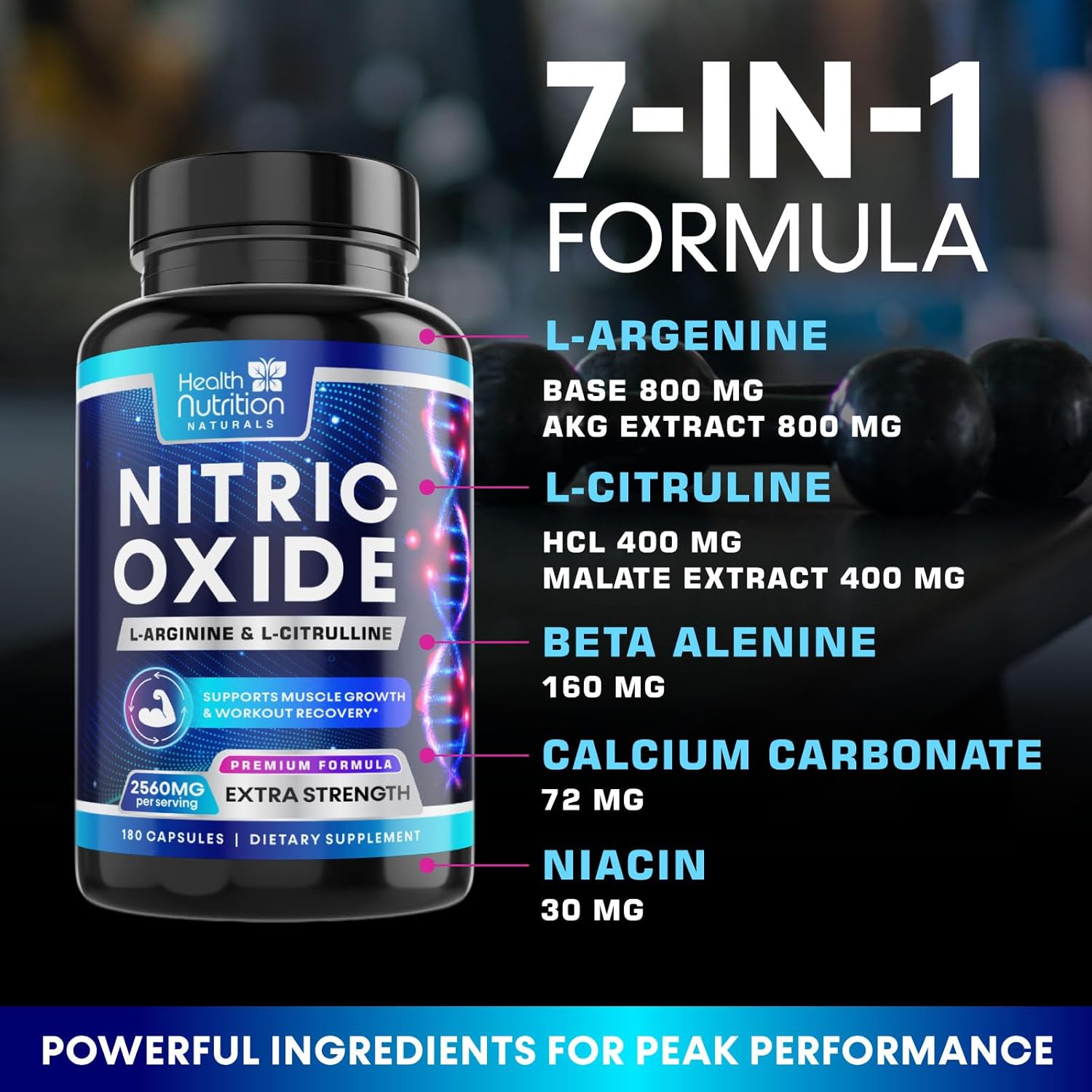Extra Strength Nitric Oxide Supplement 3X Strength L Arginine, Citrulline Malate, Aakg, Beta Alanine - Premium Muscle Supporting Nitric Booster - Natural Energy & Heart Health Support - 120 Capsules : Health & Household