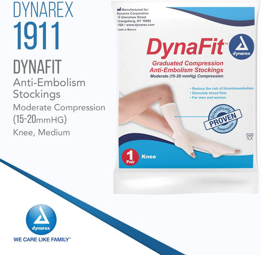 Dynarex Dynafit Compression Stockings Knee High, 15–20 Mmhg, Help Prevent Blood Clots, Relieve Pain & Varicose Veins, White, Medium, 1 Case Of 60 Dynafit Compression Stockings (5 Boxes Of 12)