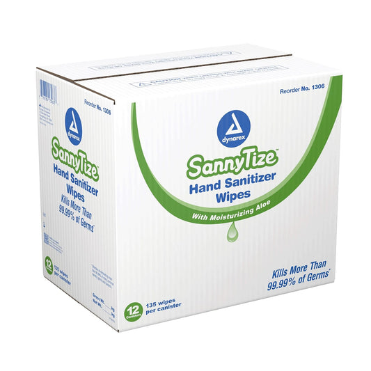 Dynarex Sannytize Hand Sanitizer Wipes, Convenient Canister Of Moisturizing Hand Wipes Infused With Aloe Vera & Eliminates 99% Of Common Germs, 12 Canisters Of 135 Sannytize Hand Sanitizer Wipes