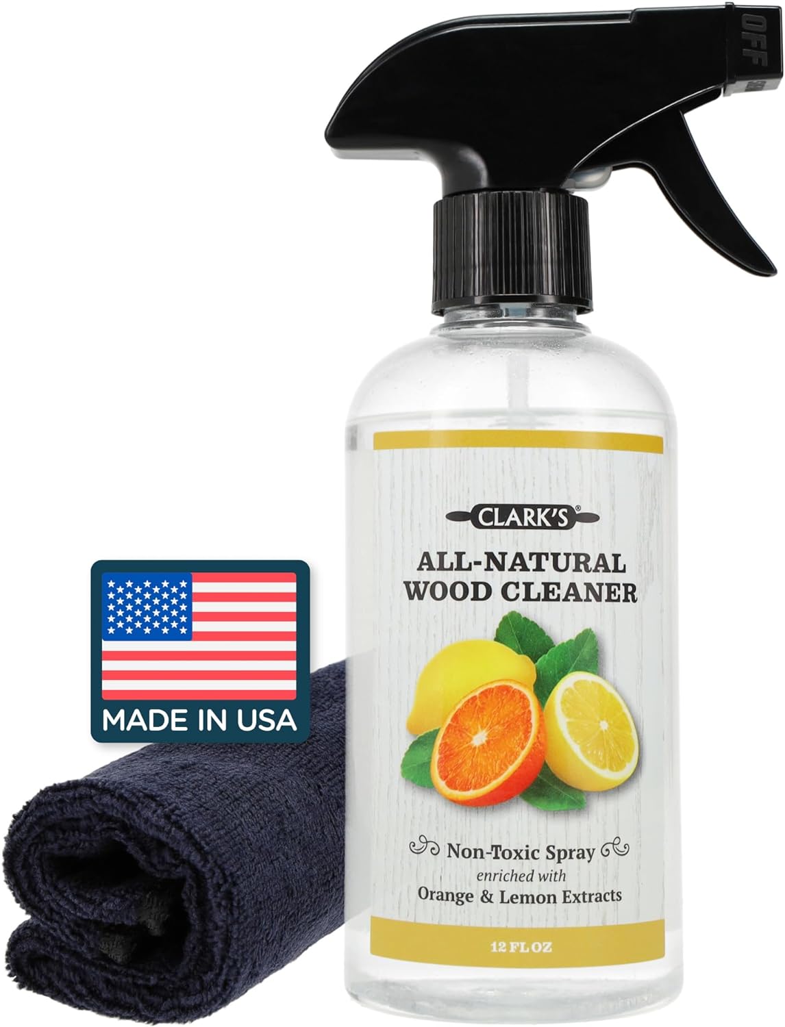 CLARK'S Natural Cutting Board Spray Cleaner, with Microfiber Cloth, for Wood Countertop – Pure Ingredients Filtered Water, Distilled Vinegar, Castile Soap, Lemon & Orange Citrus Oil Extracts, 12oz